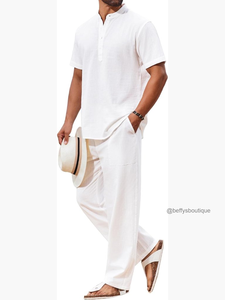 Men's 2-Piece Cotton Set Short Sleeve Henley Shirt And Casual Pants